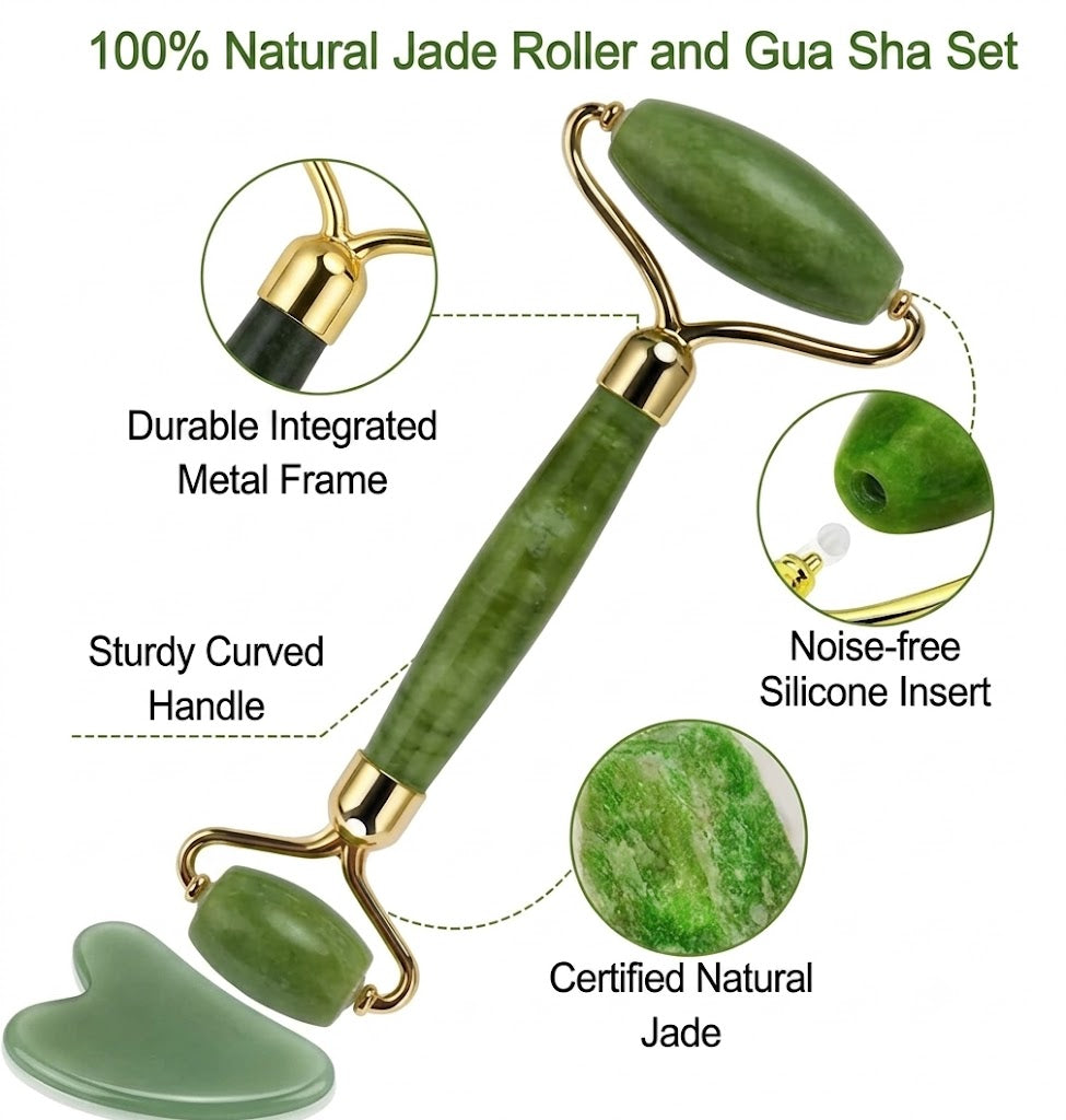 Original Natural Jade Roller & Gua Sha Set – Face Massager for Skin Care, Facial Roller for Face, Eyes & Neck – Anti-Puffiness, Wrinkle Reduction, Noiseless Beauty Tool – Self-Care Gift for Women & Men